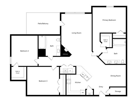 Floor plan for 3 beds, 2 baths, 1454 sqft